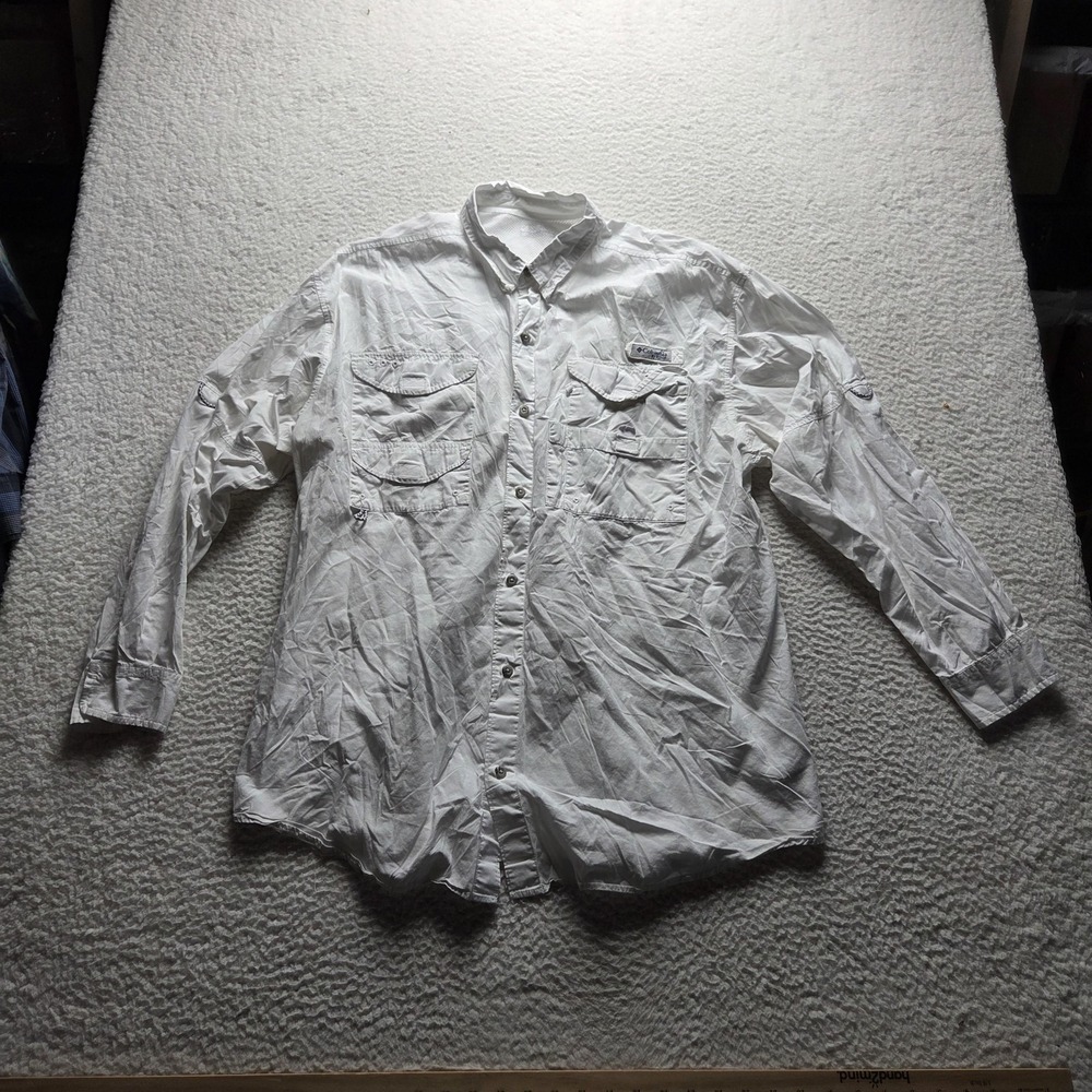 Columbia PFG Shirt Mens 2XL White Long Sleeve Cotton Fishing Button-Up Vented